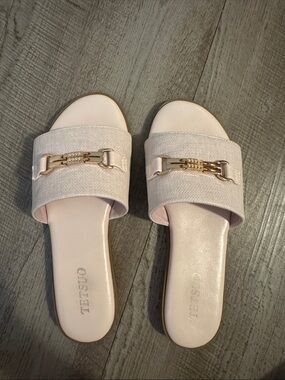 TKEES Pale Pink Slide Sandals with Gold Chain Detail
